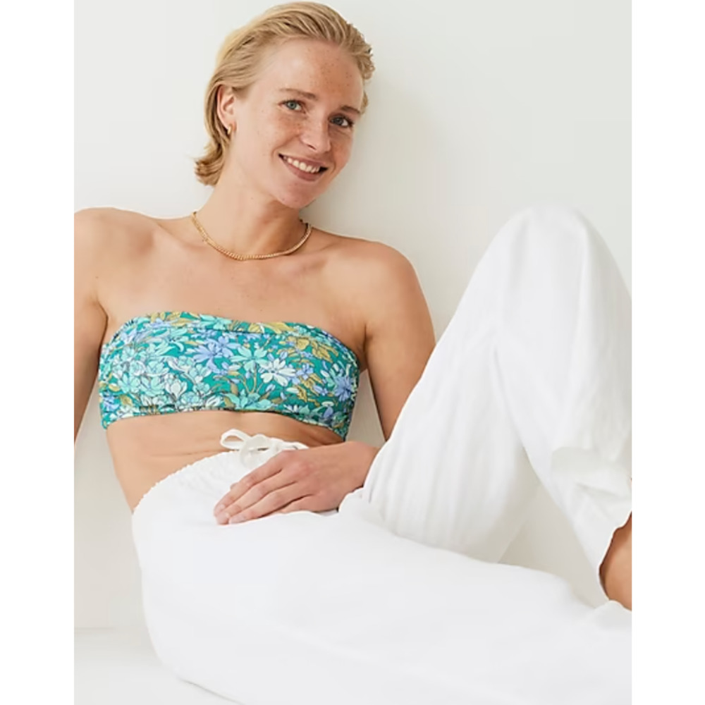 J. Crew Floral Bandeau Bikini Top in Teal, Blue, Yellow